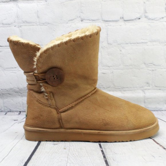 Lamo Shoes - Lamo Brown Suede Button Faux Fur Lined Whipstitched Winter Ankle Boots Size 8